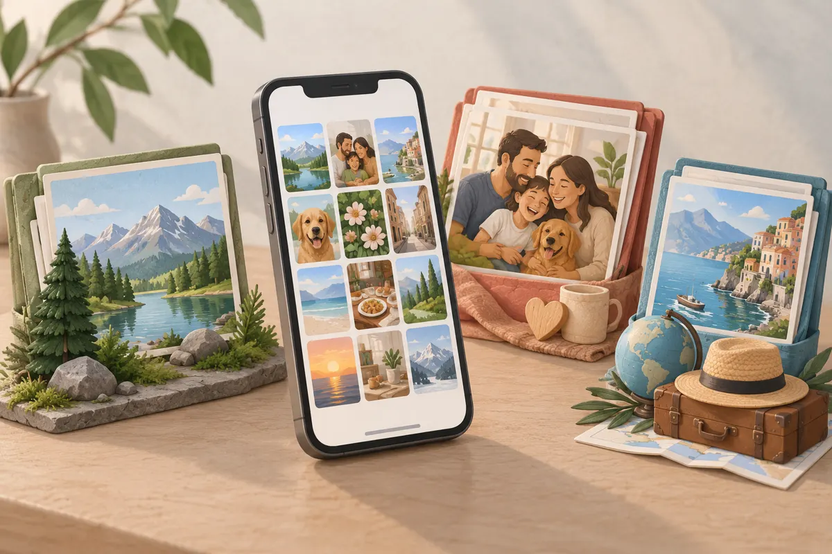 Ilustracja telefonu z uporządkowaną galerią zdjęć i albumami tematycznymi.